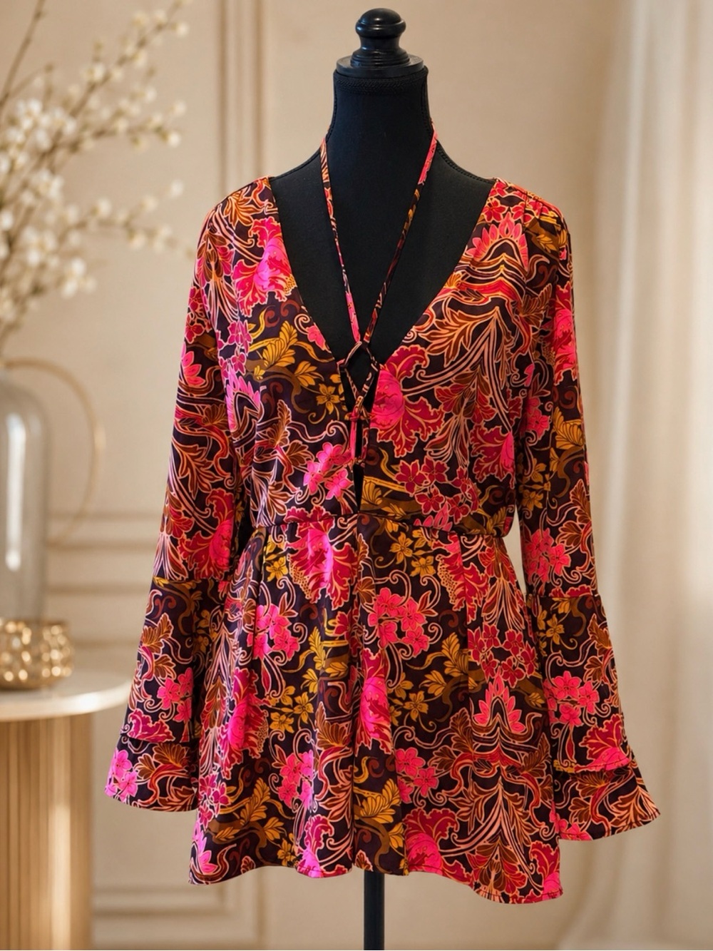 GB Floral V-Neck Bell Sleeve Romper in Magenta and Brown